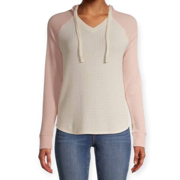 NO BOUNDARIES WAFFLE HOODIE PINK & CREAM SZ.L EUC. - Picture 1 of 6